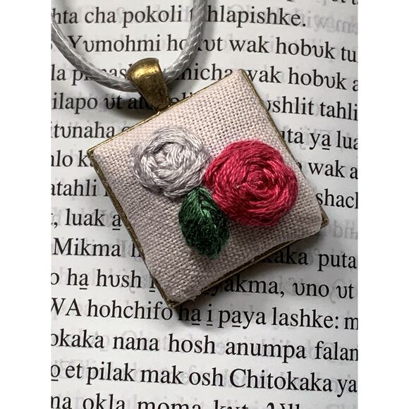 Embroidered Roses Necklace in Square Bezel - Handmade, Handstitched - Picture 4 of 5